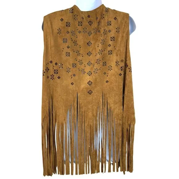 Sleeveless Suede Fringe Boho Vest Flower Cutout Design Belle Tweed XL Brown - Picture 2 of 11